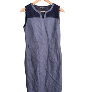 Brooks Brothers Linen Sheath Dress 4 Navy Blue Floral Emboridered Crochet Prep